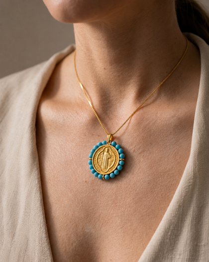 Necklace - Saint Benedict Medal, Light Blue Crystals, 18k Gold Plated