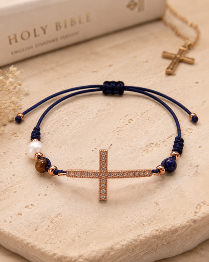 Cross Bracelet - Blue Thread and Cubic Zirconia, Adjustable