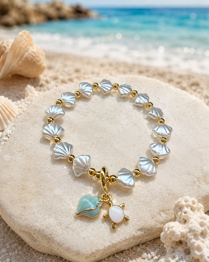 Seashell Bracelet - Mother-of-Pearl, Turtle & Turquoise Charms