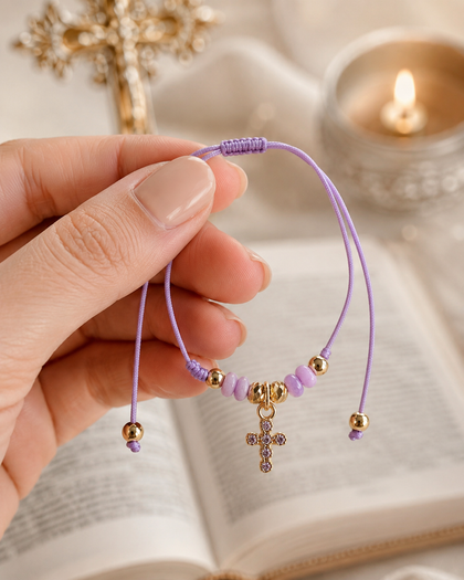 Cross of Hope Bracelet - Violet Cord, 18k Gold Plated, Adjustable