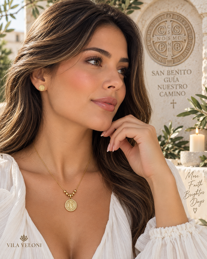 Saint Benedict Guardian Necklace & Earrings Set – 18K Gold-Plated Brass