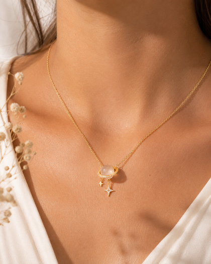 925 Silver Necklace with Moon and Star Pendant - 18K Gold Plated with Crystals and Zirconias
