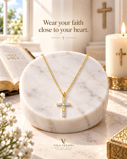 Necklace - Cross & Heart, 18k Gold-Plated Sterling Silver