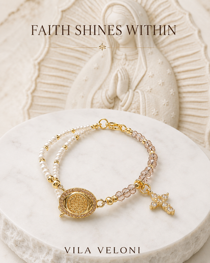 Benedetta Bracelet - Saint Benedict, Pearl and Crystal, Gold Finish