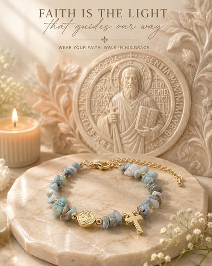 Saint Benedict Bracelet - cross & stones, gold-tone, adjustable