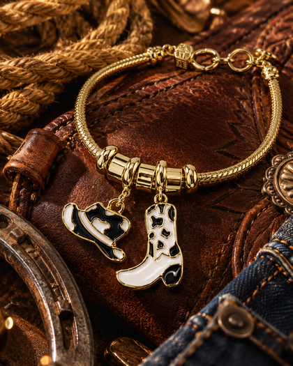 Cowgirl Charm Bracelet - Boot & Hat Charms, 18k Gold Plated Brass