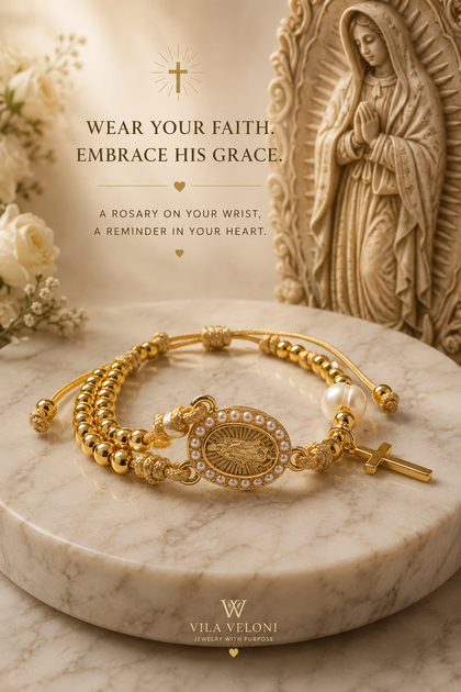 Our Lady of Guadalupe Bracelet - Guadalupe and Cross Charms, Pearls and 18K Gold-Plated Details, Adjustable