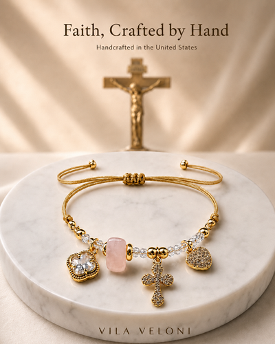 Bracelet - Cross, Heart & Clover, 18k Gold Plated, Adjustable