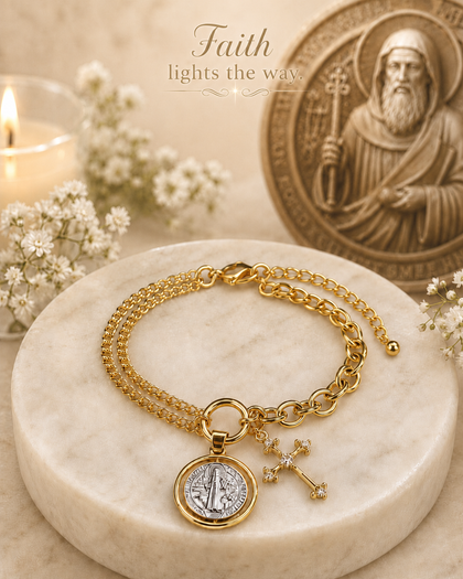 Saint Benedict Bracelet - Two-Tone Medal & Cross, 18k Gold Plated, Adjustable