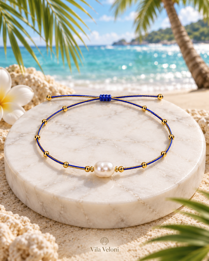 Baroque Pearl Bracelet - Ocean Blue, Gold Beads, Adjustable Cord