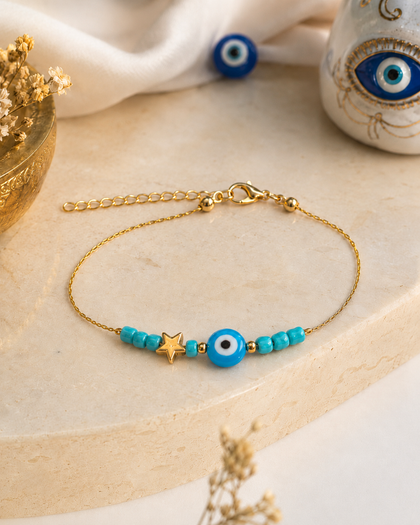 Evil Eye & Star Bracelet - Turquoise Blue, Gold-Plated, Adjustable