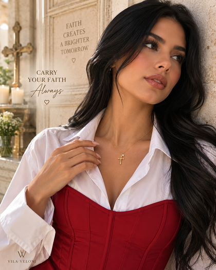 Necklace - Cross & Heart, 18k Gold-Plated Sterling Silver