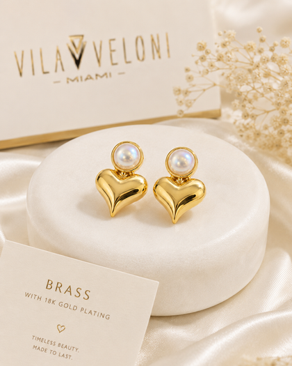 Eternal Pearl Heart Earrings - Brass
