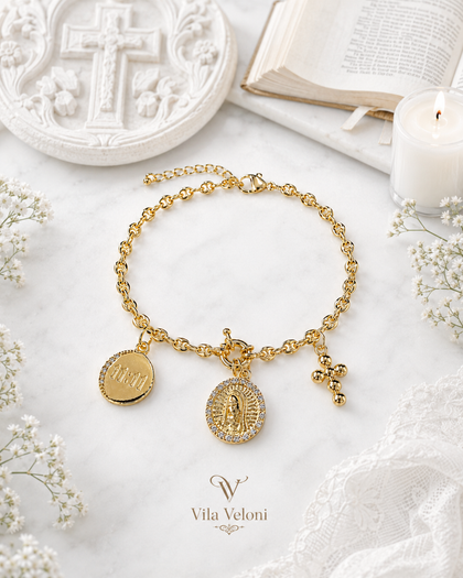 Guadalupe 11:11 Bracelet - Guadalupe Medal & Cross, 18k Gold Plated
