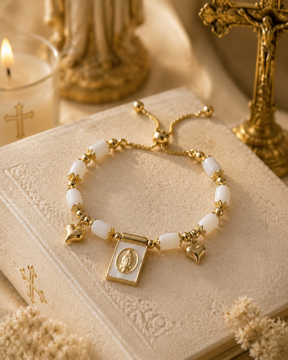 Beaded Bracelet - Virgin Mary and Heart, White with 18K Gold-Plated, Adjustable