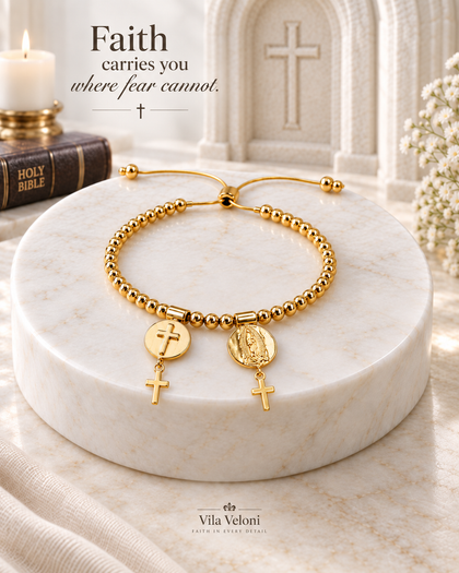 Beaded Bracelet - Virgin Mary & Cross, adjustable