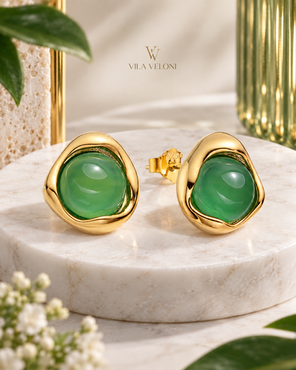 Aura Cabochon Earrings - Green, 925 Silver with 18K Gold Plating
