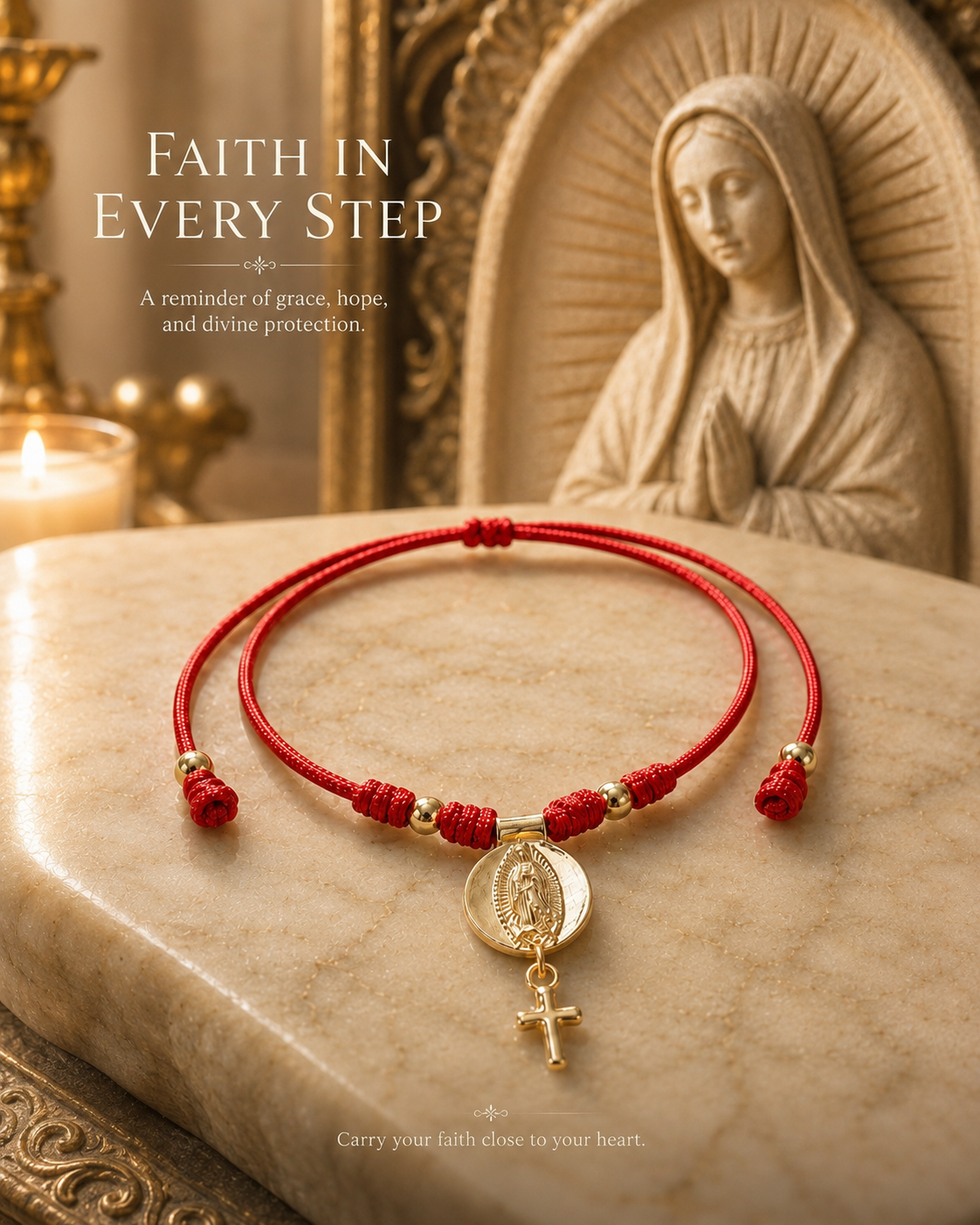 Red Cord Bracelet - Virgin Mary & Cross Charm, 18k Gold Plated