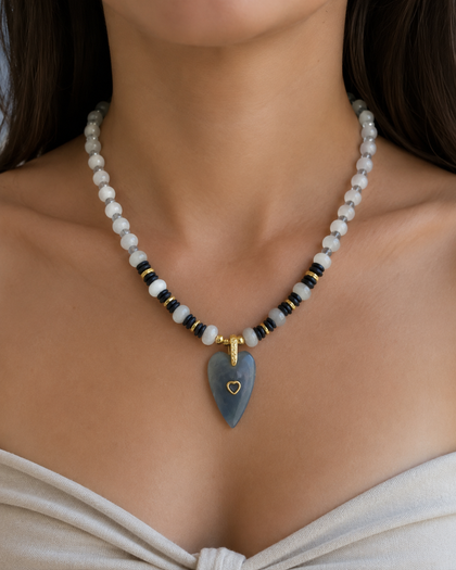 Necklace with Black and White Semiprecious Stones and Heart Pendant
