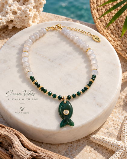 Necklace with White Crystals and Emerald Green Fish Pendant