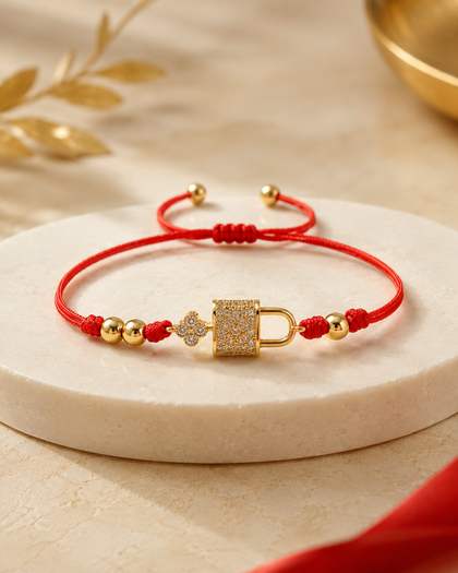 Red Thread Bracelet - Gold Lock Charm, Adjustable