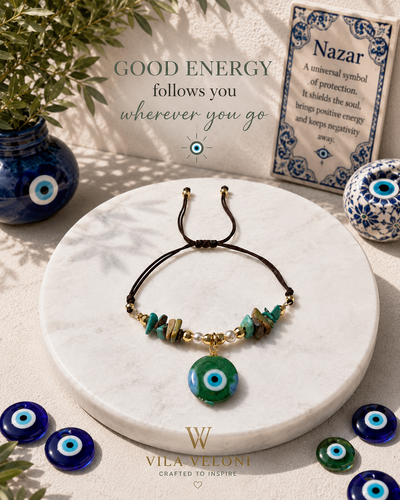 Bracelet - Turkish Evil Eye, Semiprecious Stones, Adjustable
