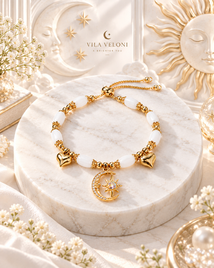 Celestial Bracelet - Moon & Star with Hearts, 18k Gold Plated, Adjustable