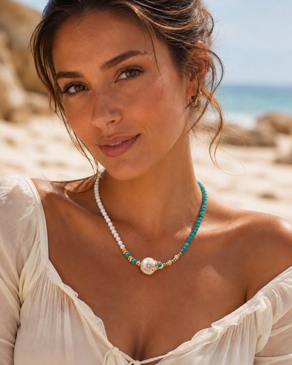 Turquoise Soul Necklace - Pearl Centerpiece, Gold-Tone