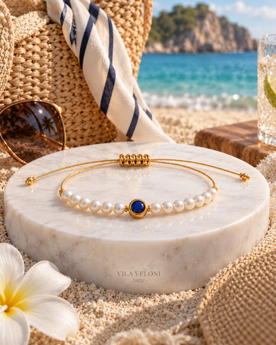 Pearl and Cubic Zirconia Bracelet - Royal Blue, Gold-Tone Thread, Adjustable