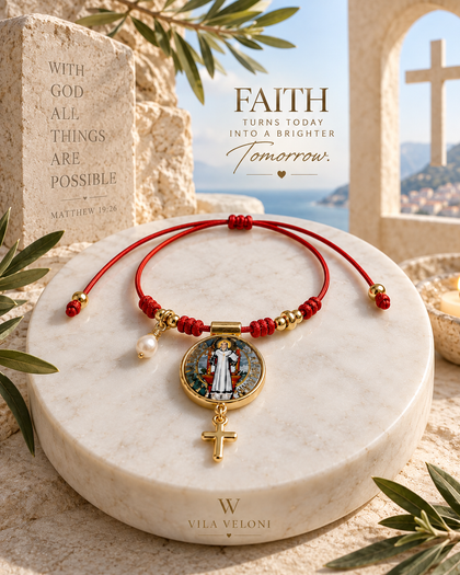 Red Cord Bracelet - Saint Benedict and Cross, with Pearl, Adjustable Made USA