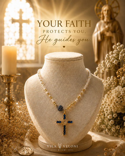 Necklace - Cross Pendant, Pearl & Blue Crystals, 18k Gold Plated