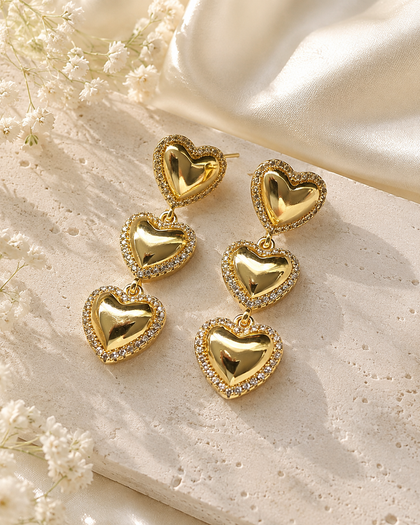 Amour Trio Heart Earrings - Brass Earrings with 18K Gold Plating