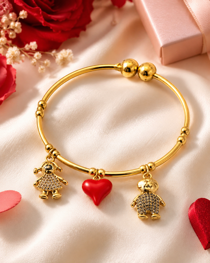 Family Love Bracelet - Boy, Girl & Red Heart Charms, 18k Gold Plated Brass
