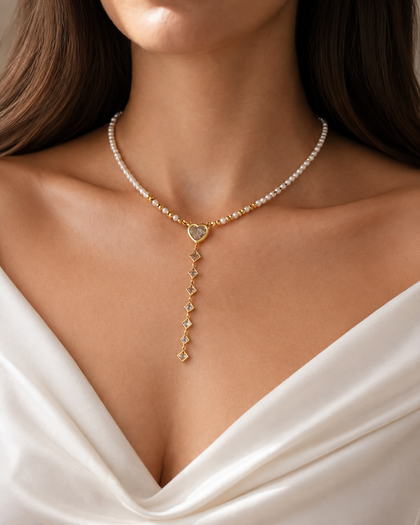 Amour Pearl Necklace - Heart Charm, Pearls & Cubic Zirconia, 18k Gold Plated