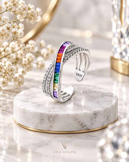 Crossover Ring with Multicolored Cubic Zirconia in 925 Silver and 18k Gold Plating
