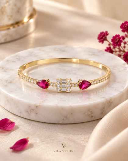 Bracelet - Fuchsia Ruby Teardrop Stone, Gold Tone