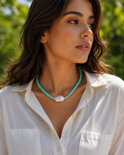Necklace - Turquoise Crystals & Baroque Pearl