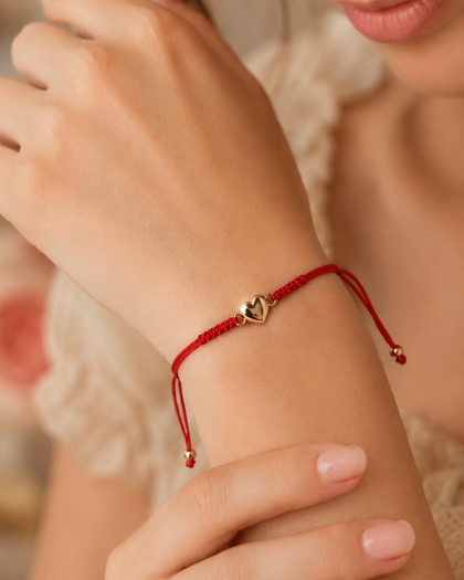 Red String Bracelet - Heart Charm, Gold-Tone, Adjustable