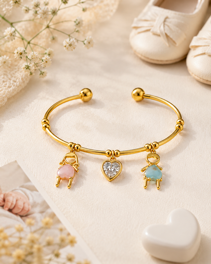 Mother's Love Bracelet - Boy, Girl & Crystal Heart Charms, 18k Gold Plated Brass