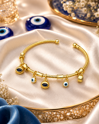 Evil Eye Bracelet - Protective Eye Charms, 18k Gold Plated Brass