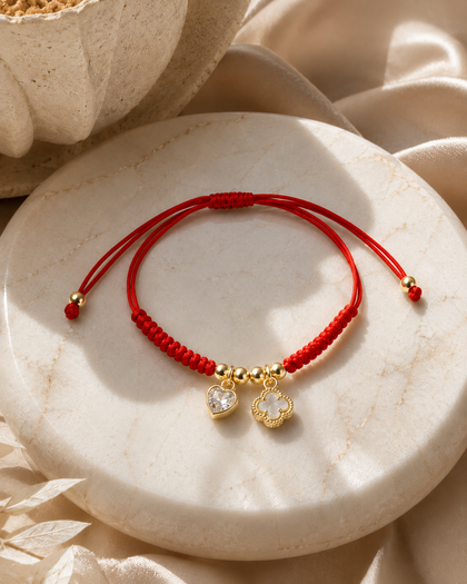 Heart & Clover Bracelet - Red Cord with Gold-Tone Charms, Adjustable