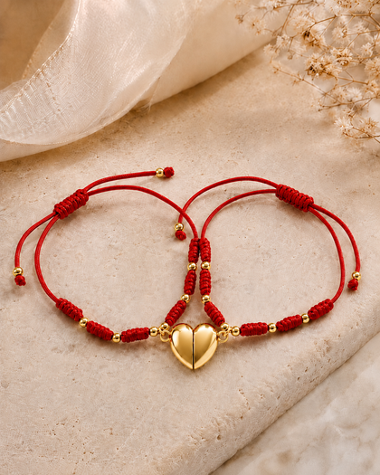 Magnetic Heart Bracelet Set - Red Cord with Gold-Tone Charms, Adjustable (Set of 2)