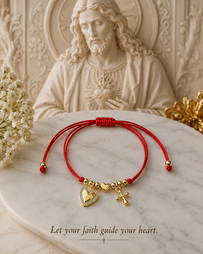 Faith & Love Bracelet - Heart & Cross Charms, Red String & 18k Gold Plated, Adjustable