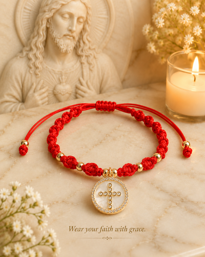 Faith Bracelet - Cross Medallion, Red String & 18k Gold Plated, Adjustable