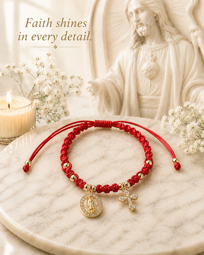 Virgin Mary & Cross Bracelet - Red String, 18k Gold Plated, Adjustable
