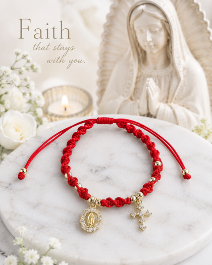 Virgin Mary & Cross Bracelet - Red String, 18k Gold Plated, Adjustable