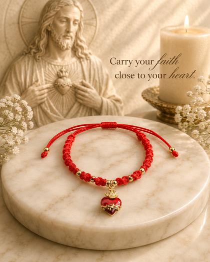 Sacred Heart of Jesus Bracelet - Red String, 18k Gold Plated, Adjustable