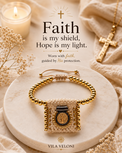 Saint Benedict Bracelet - Beige Woven Cord, Gold-Tone Beads, Adjustable