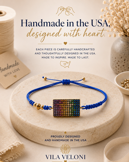 Blue Cord Bracelet - Multicolor Crystal Charm, Gold-Tone Accents, Adjustable