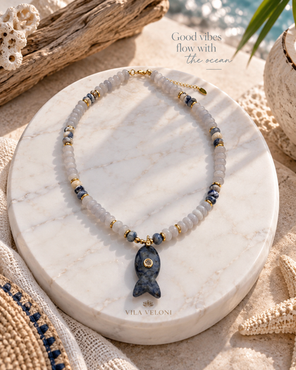 Necklace with Blue Stones and Fish Pendant